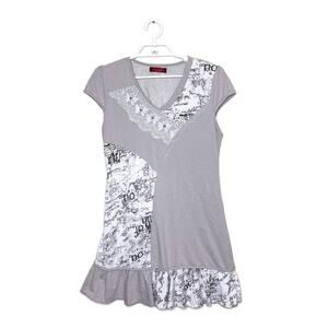 SYLC CAMISA Women's‎ Gray Patchwork Lace Ruffle Dress Art To Wear Boho Y2K Sz L
